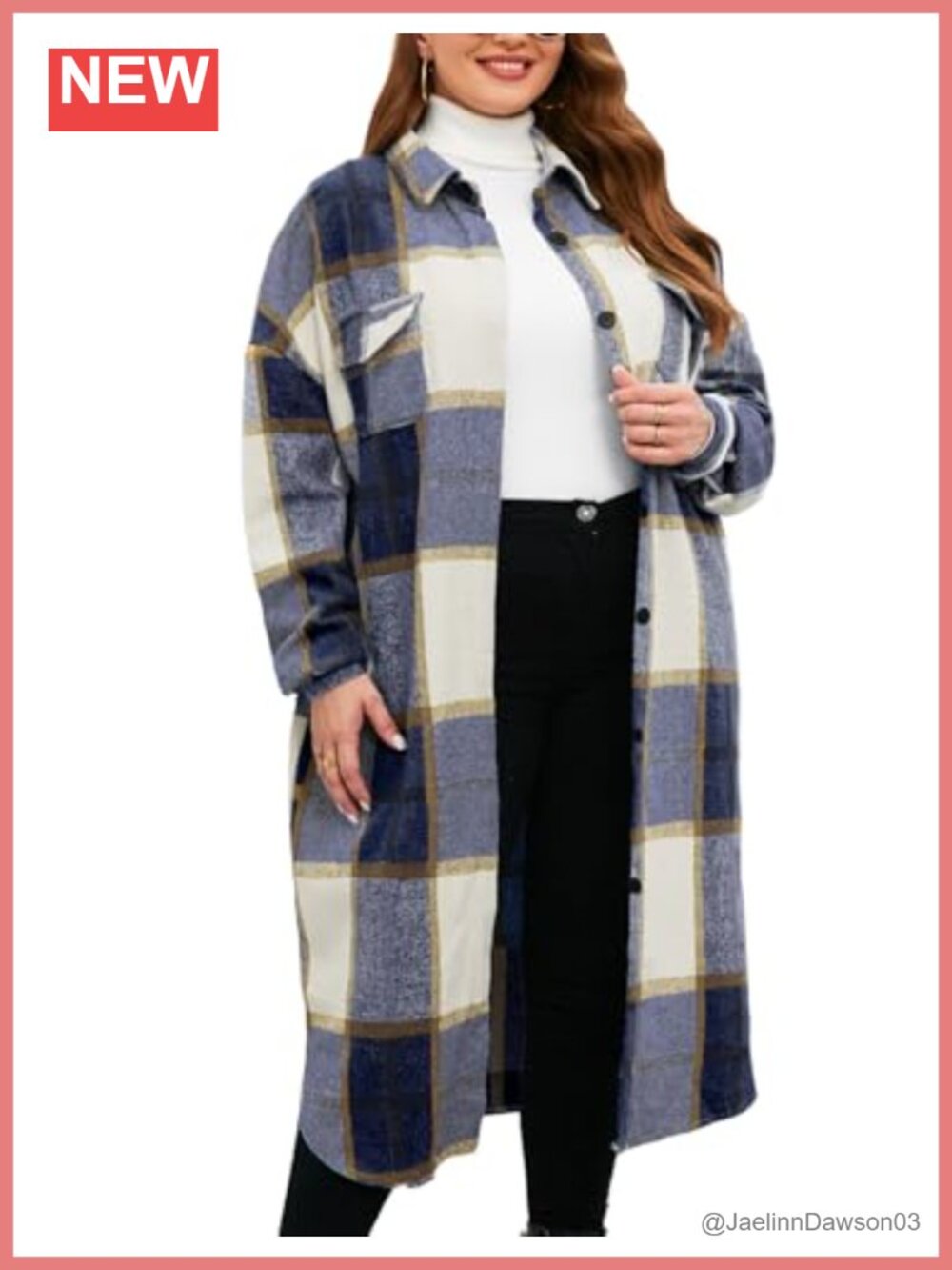 Plus Size Long Flannel Plaid Shacket Calf Length Button Down Coat